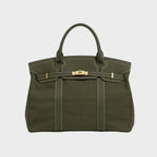 Solid Olive Green Women's Luxury Handbag Structured Canvas Tote with Leather Trim & Turn-Lock Closure