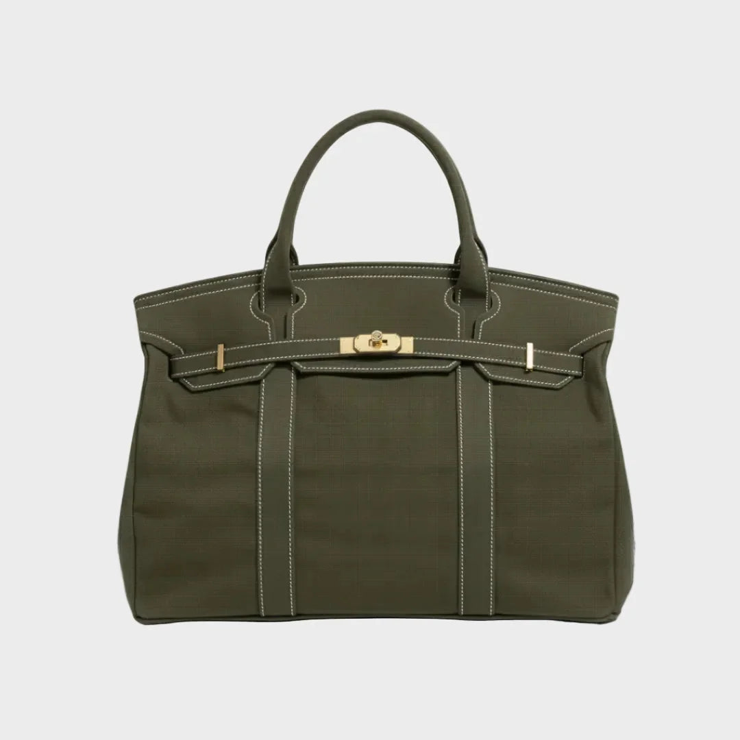 Solid Olive Green Women's Luxury Handbag Structured Canvas Tote with Leather Trim & Turn-Lock Closure