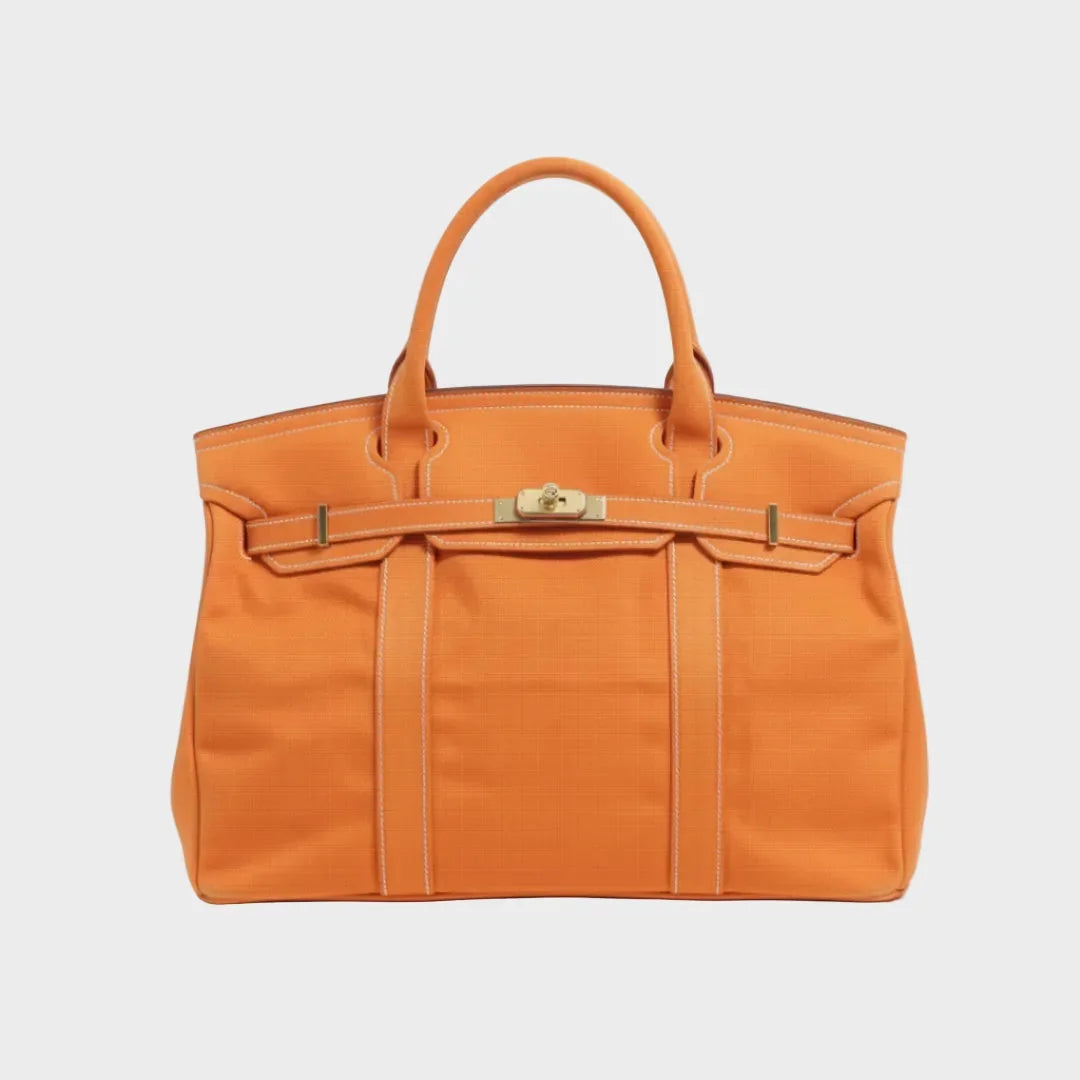 Solid Orange Women's Luxury Handbag Structured Canvas Tote with Leather Trim & Turn-Lock Closure