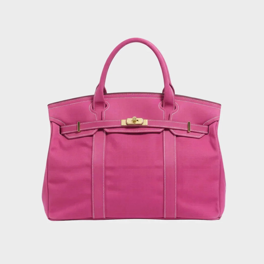 Solid Pink Women's Luxury Handbag Structured Canvas Tote with Leather Trim & Turn-Lock Closure