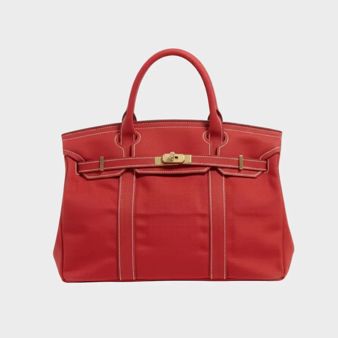 Solid Red Women's Luxury Handbag Structured Canvas Tote with Leather Trim & Turn-Lock Closure