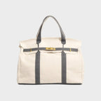 Washed Grey Women's Luxury Handbag Structured Canvas Tote with Leather Trim & Turn-Lock Closure