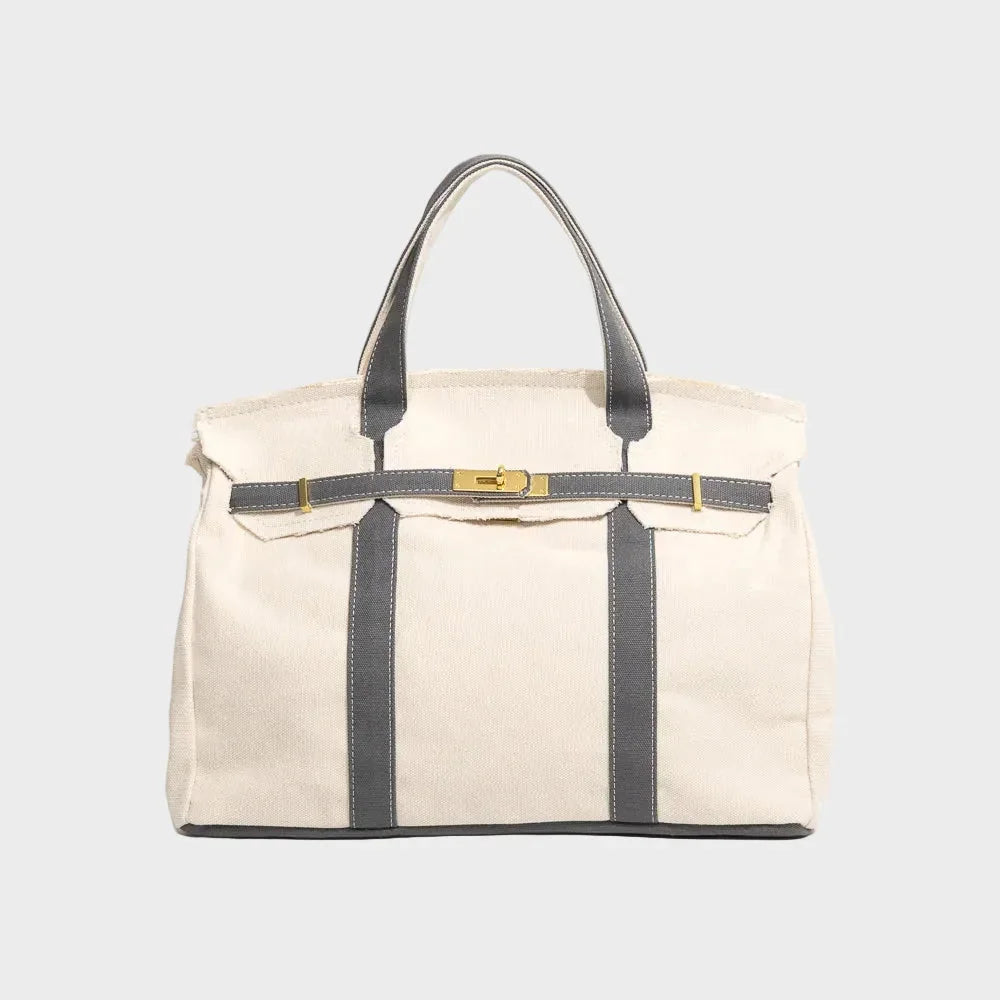 Washed Grey Women's Luxury Handbag Structured Canvas Tote with Leather Trim & Turn-Lock Closure