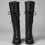 Black Women's Studded Knee High Boots with Leather Lace-Up Design & Block Heel - Front Full