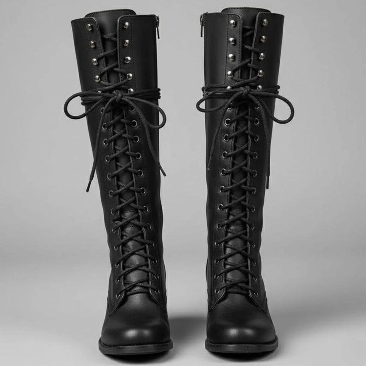 Black Women's Studded Knee High Boots with Leather Lace-Up Design & Block Heel - Front Full