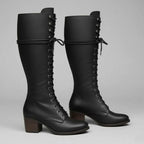 Women's Studded Knee High Boots with Leather Lace-Up Design & Block Heel - Side Profile