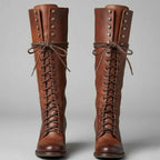 Brown Women's Studded Knee High Boots with Leather Lace-Up Design & Block Heel - Front Full