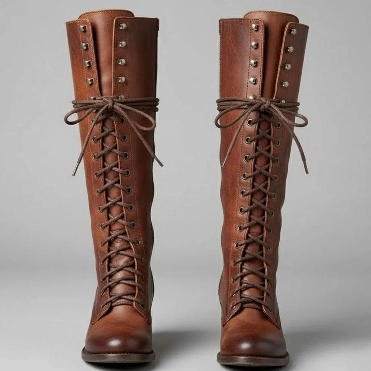 Brown Women's Studded Knee High Boots with Leather Lace-Up Design & Block Heel - Front Full