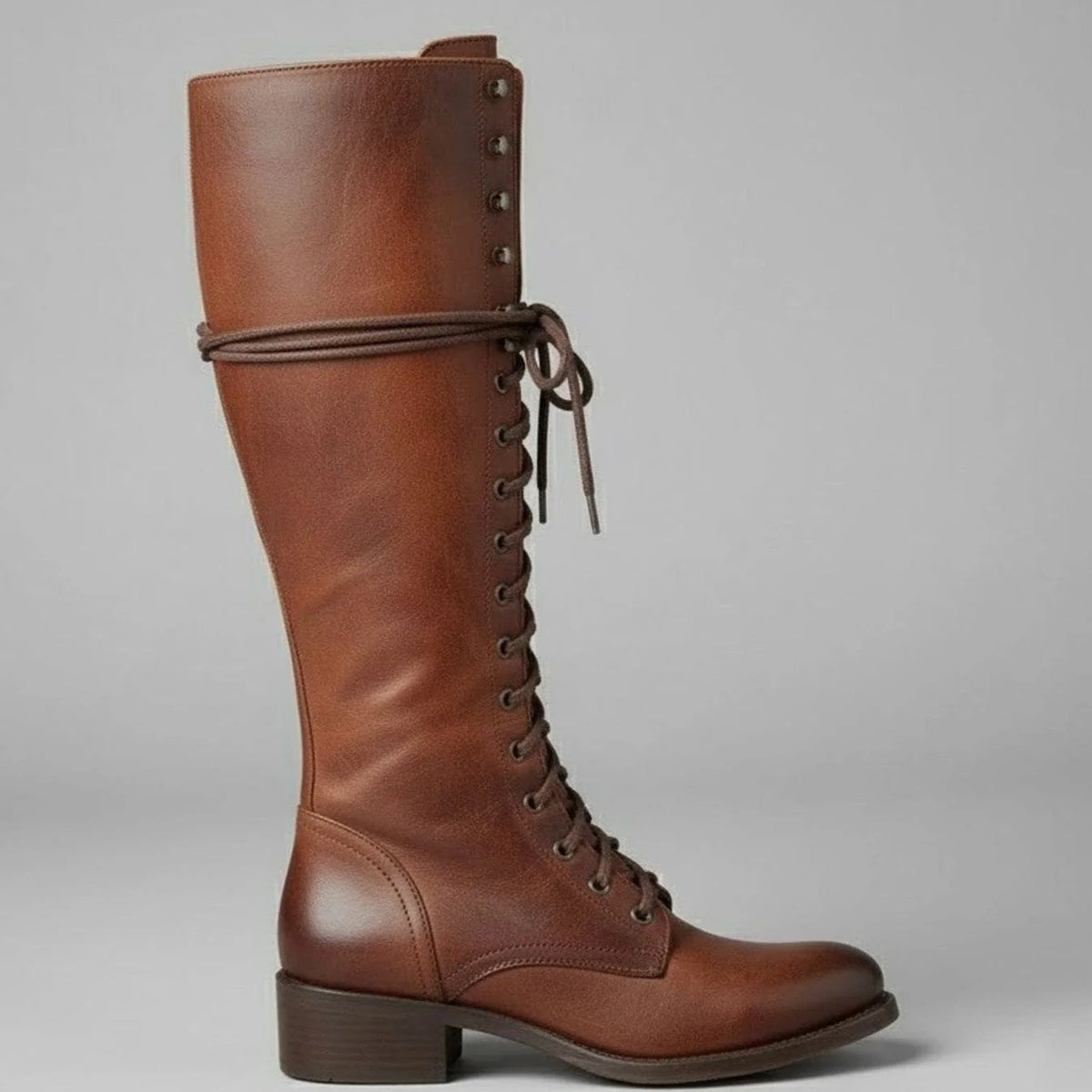 Women's Studded Knee High Boots with Leather Lace-Up Design & Block Heel - Side Profile Single