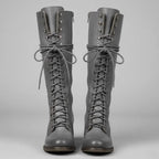 Women's Studded Knee High Boots with Leather Lace-Up Design & Block Heel - Front Full Tied