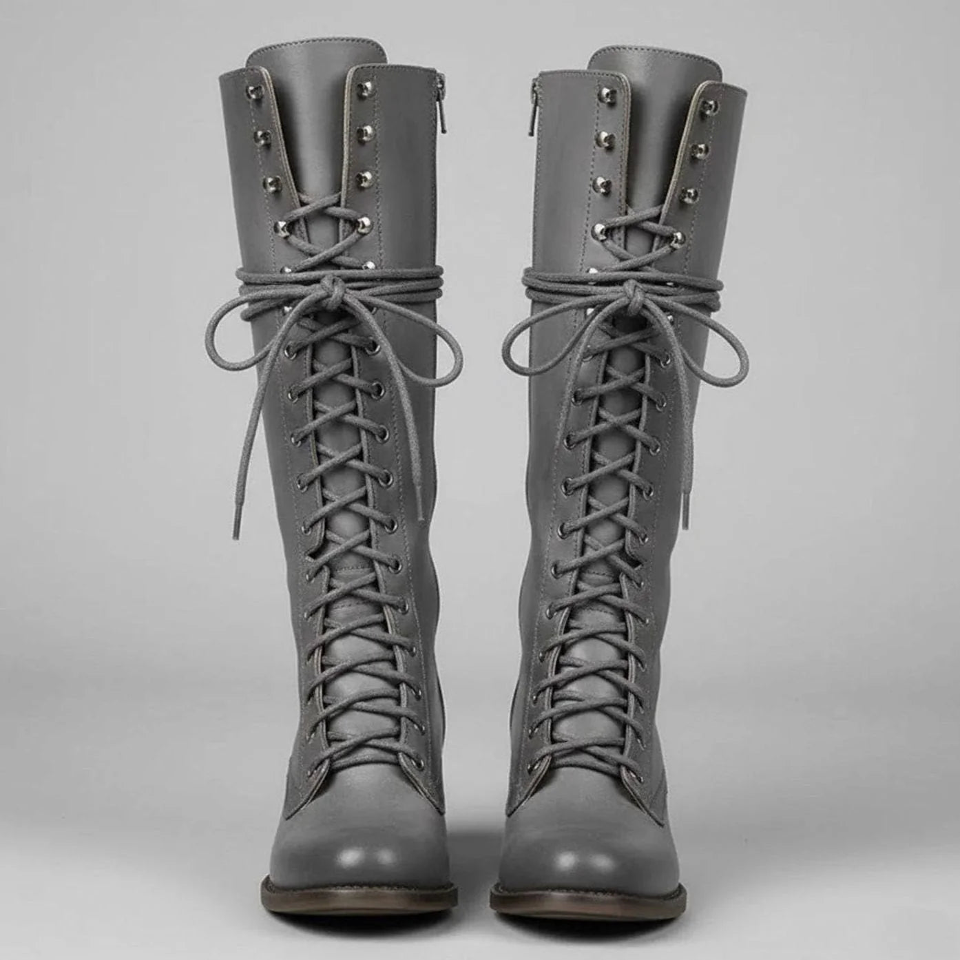 Women's Studded Knee High Boots with Leather Lace-Up Design & Block Heel - Front Full Tied