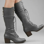 Grey Women's Studded Knee High Boots with Leather Lace-Up Design & Block Heel - Worn Lifestyle