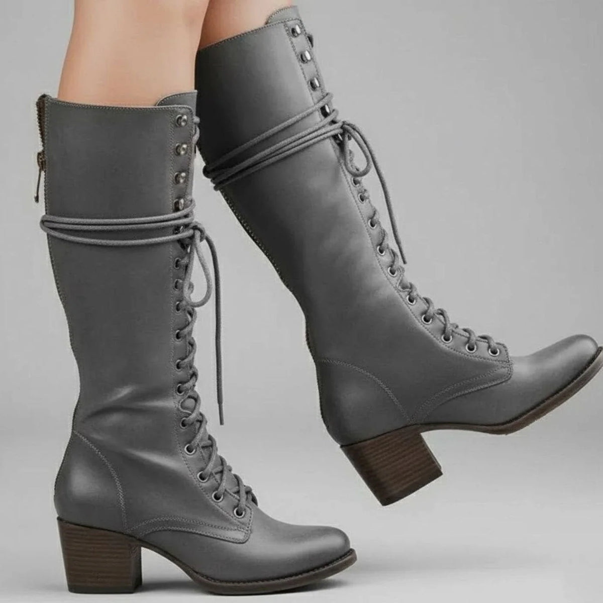 Grey Women's Studded Knee High Boots with Leather Lace-Up Design & Block Heel - Worn Lifestyle