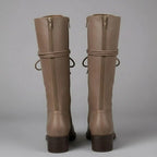 Women's Studded Knee High Boots with Leather Lace-Up Design & Block Heel - Back Detail