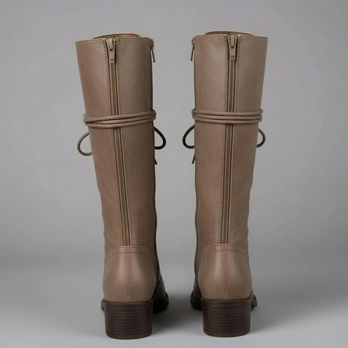 Women's Studded Knee High Boots with Leather Lace-Up Design & Block Heel - Back Detail