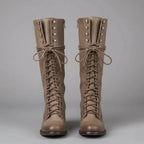 Khaki Women's Studded Knee High Boots with Leather Lace-Up Design & Block Heel - Front Full