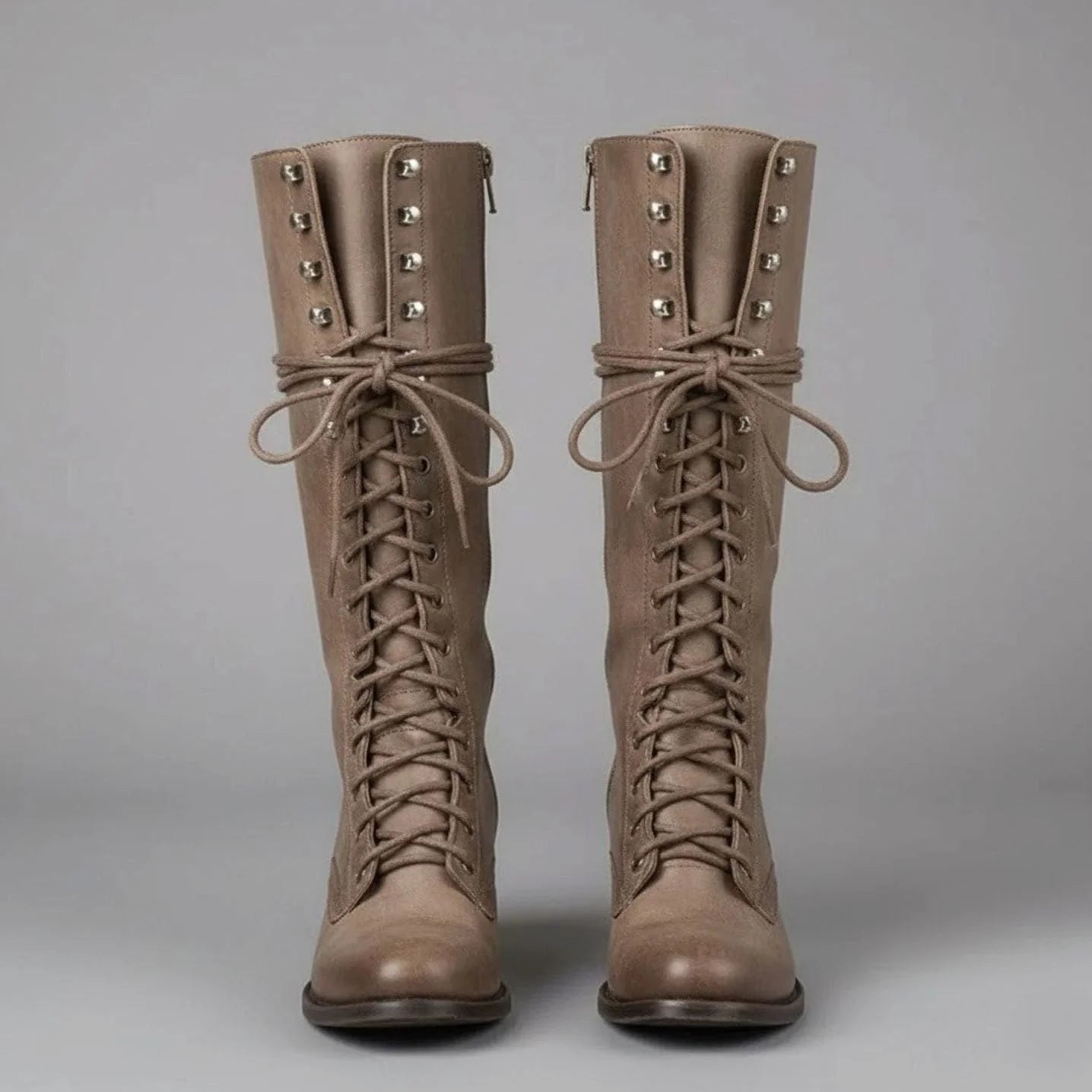 Khaki Women's Studded Knee High Boots with Leather Lace-Up Design & Block Heel - Front Full