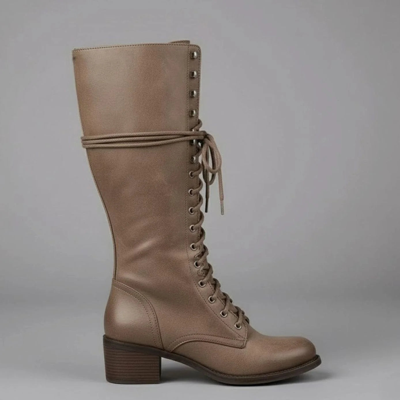 Khaki Women's Studded Knee High Boots with Leather Lace-Up Design & Block Heel — Nicole - Side Profile Single