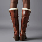 Women's Studded Knee High Boots with Leather Lace-Up Design & Block Heel - Brown Worn Back Detail
