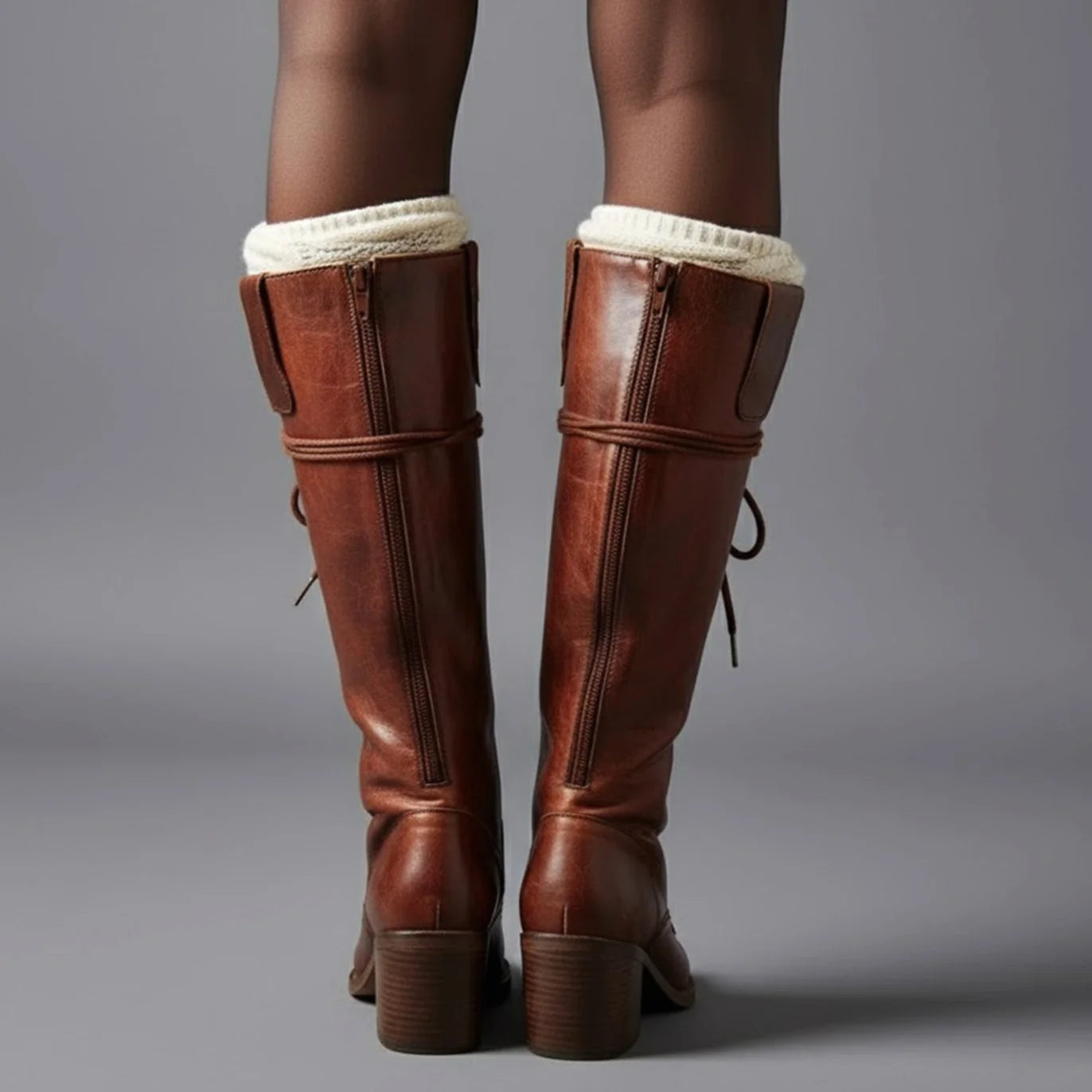 Women's Studded Knee High Boots with Leather Lace-Up Design & Block Heel - Brown Worn Back Detail