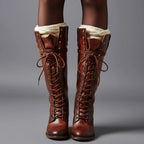 Red Brown Women's Studded Knee High Boots with Leather Lace-Up Design & Block Heel - Worn Front Detail