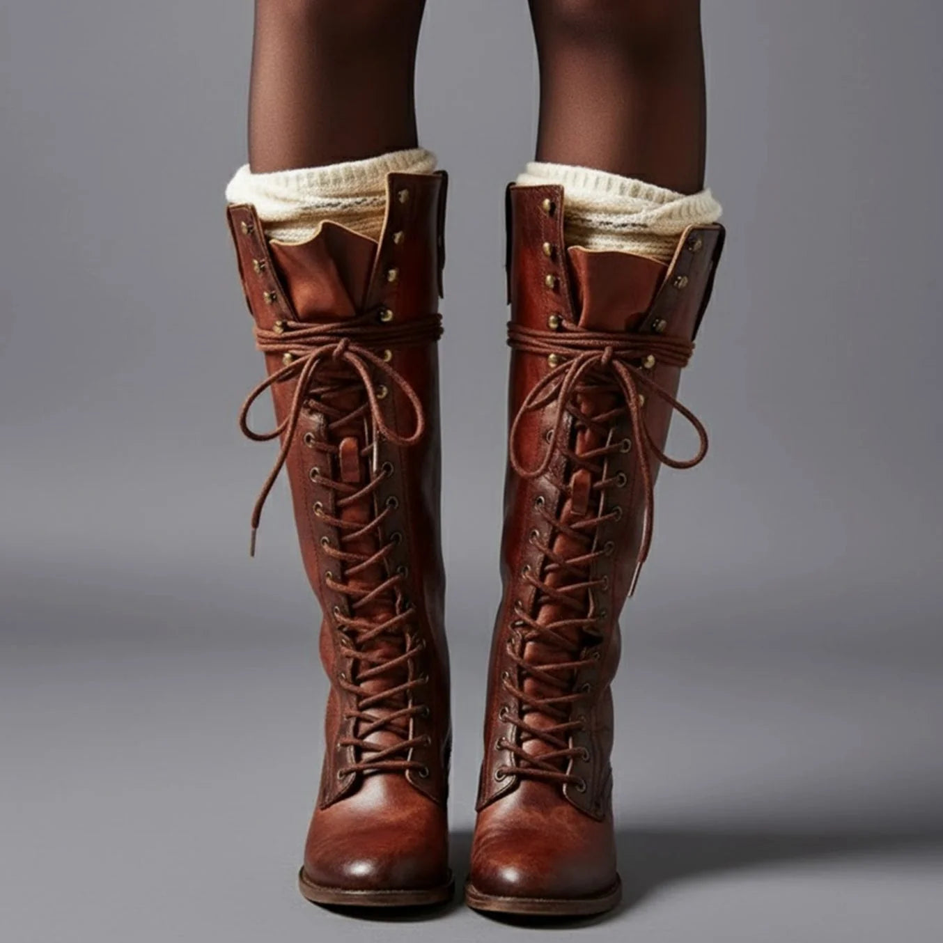 Red Brown Women's Studded Knee High Boots with Leather Lace-Up Design & Block Heel - Worn Front Detail