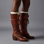 Women's Studded Knee High Boots with Leather Lace-Up Design & Block Heel - Brown Worn Front Lifestyle