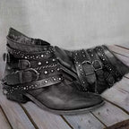Black Women's Studded Vintage Boots with Buckle Straps & Cushioned Footbed — Severine - Side Profile