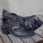 Blue Women's Studded Vintage Boots with Buckle Straps & Cushioned Footbed — Severine - Angled View