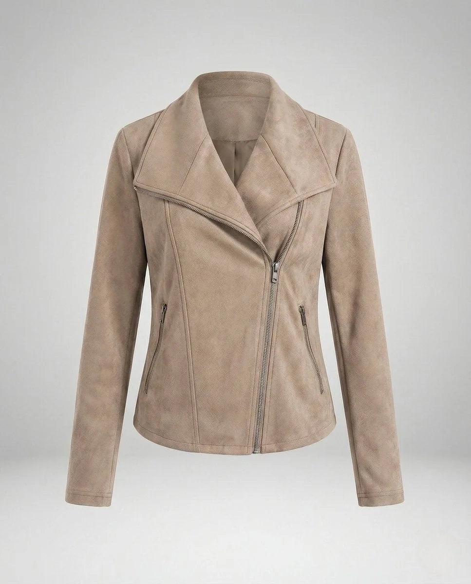 Apricot Women's Biker Jacket in Tailored Suede with Asymmetric Zip — Amara