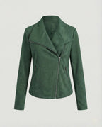 Black Women's Biker Jacket in Tailored Suede with Asymmetric Zip — Amara - Flat Lay Green