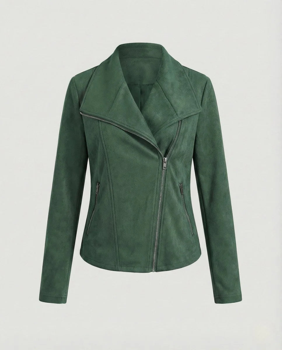 Black Women's Biker Jacket in Tailored Suede with Asymmetric Zip — Amara - Flat Lay Green