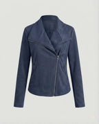 Black Women's Biker Jacket in Tailored Suede with Asymmetric Zip — Amara - Flat Lay Navy