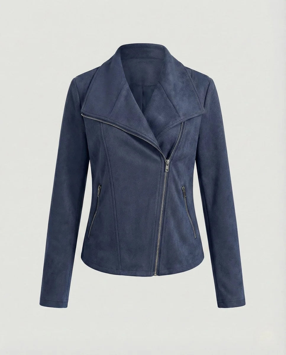 Black Women's Biker Jacket in Tailored Suede with Asymmetric Zip — Amara - Flat Lay Navy