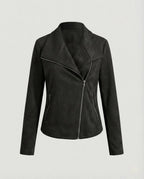 Black Women's Biker Jacket in Tailored Suede with Asymmetric Zip — Amara