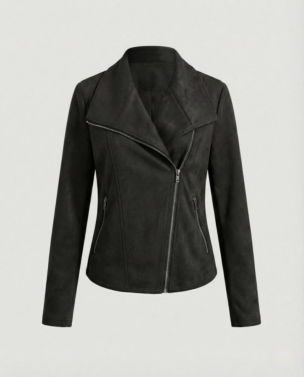 Black Women's Biker Jacket in Tailored Suede with Asymmetric Zip — Amara