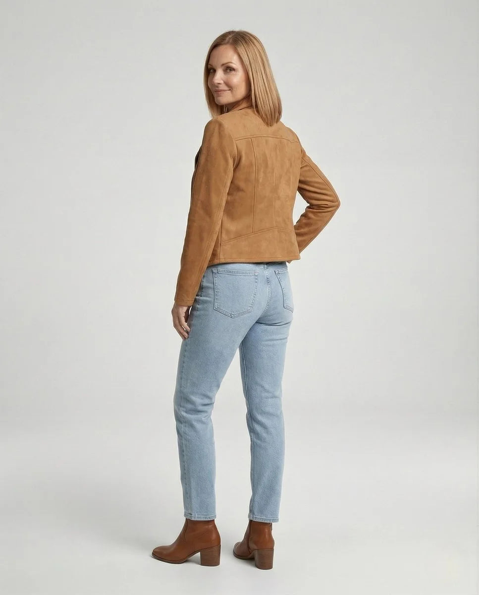 Camel Women's Biker Jacket in Tailored Suede with Asymmetric Zip — Amara - Back Pose