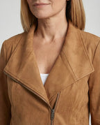 Camel Women's Biker Jacket in Tailored Suede with Asymmetric Zip — Amara - Close Up Collar