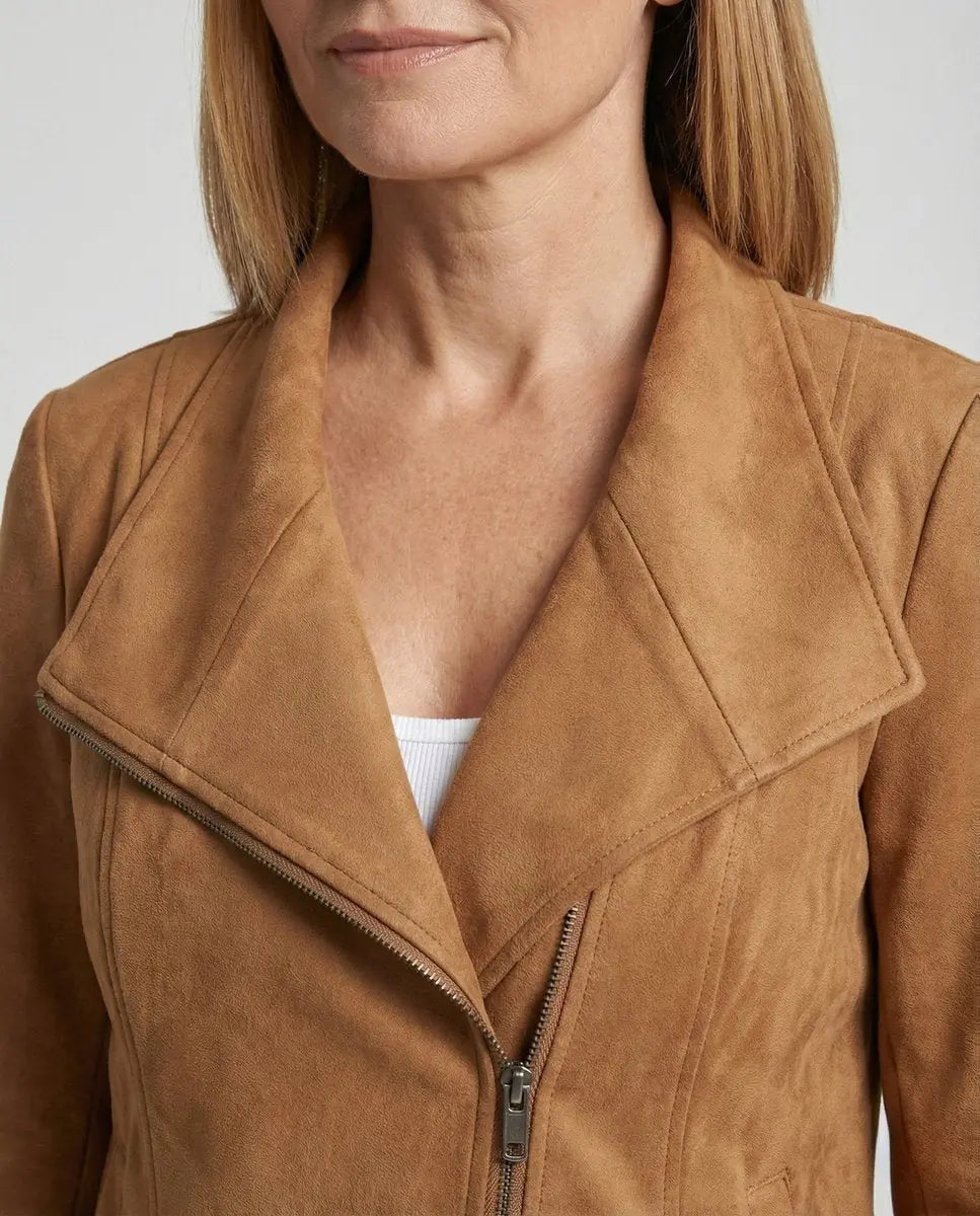 Camel Women's Biker Jacket in Tailored Suede with Asymmetric Zip — Amara - Close Up Collar