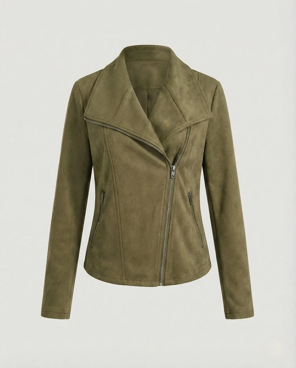 Camel Women's Biker Jacket in Tailored Suede with Asymmetric Zip — Amara - Flat Lay Olive