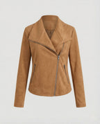 Camel Women's Biker Jacket in Tailored Suede with Asymmetric Zip — Amara - Flat Lay