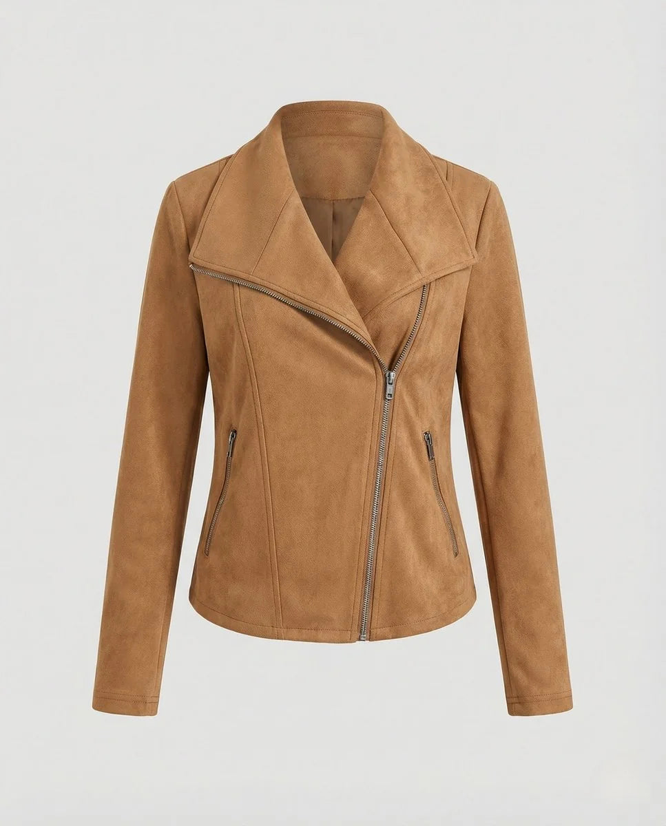Camel Women's Biker Jacket in Tailored Suede with Asymmetric Zip — Amara - Flat Lay