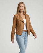 Camel Women's Biker Jacket in Tailored Suede with Asymmetric Zip — Amara - Front Pose