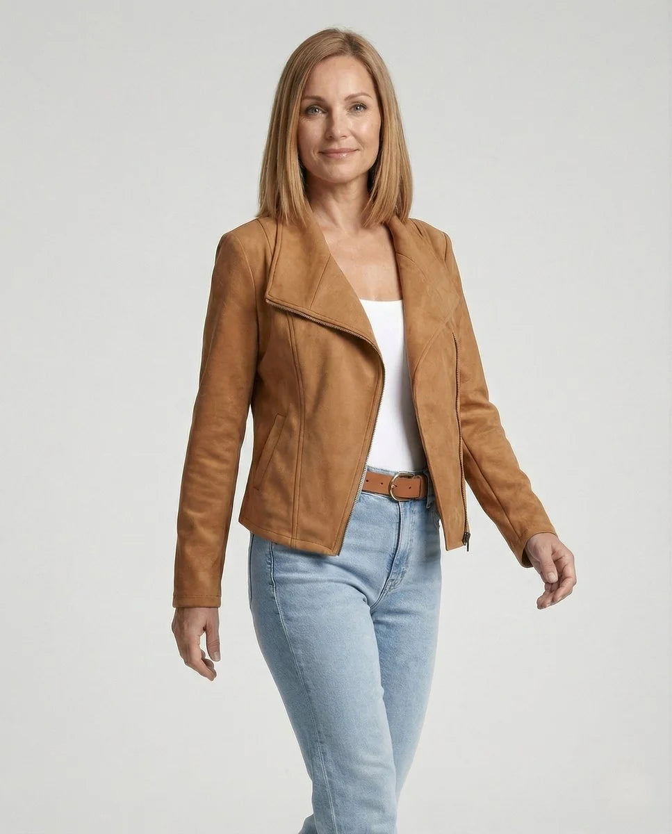 Camel Women's Biker Jacket in Tailored Suede with Asymmetric Zip — Amara - Front Pose