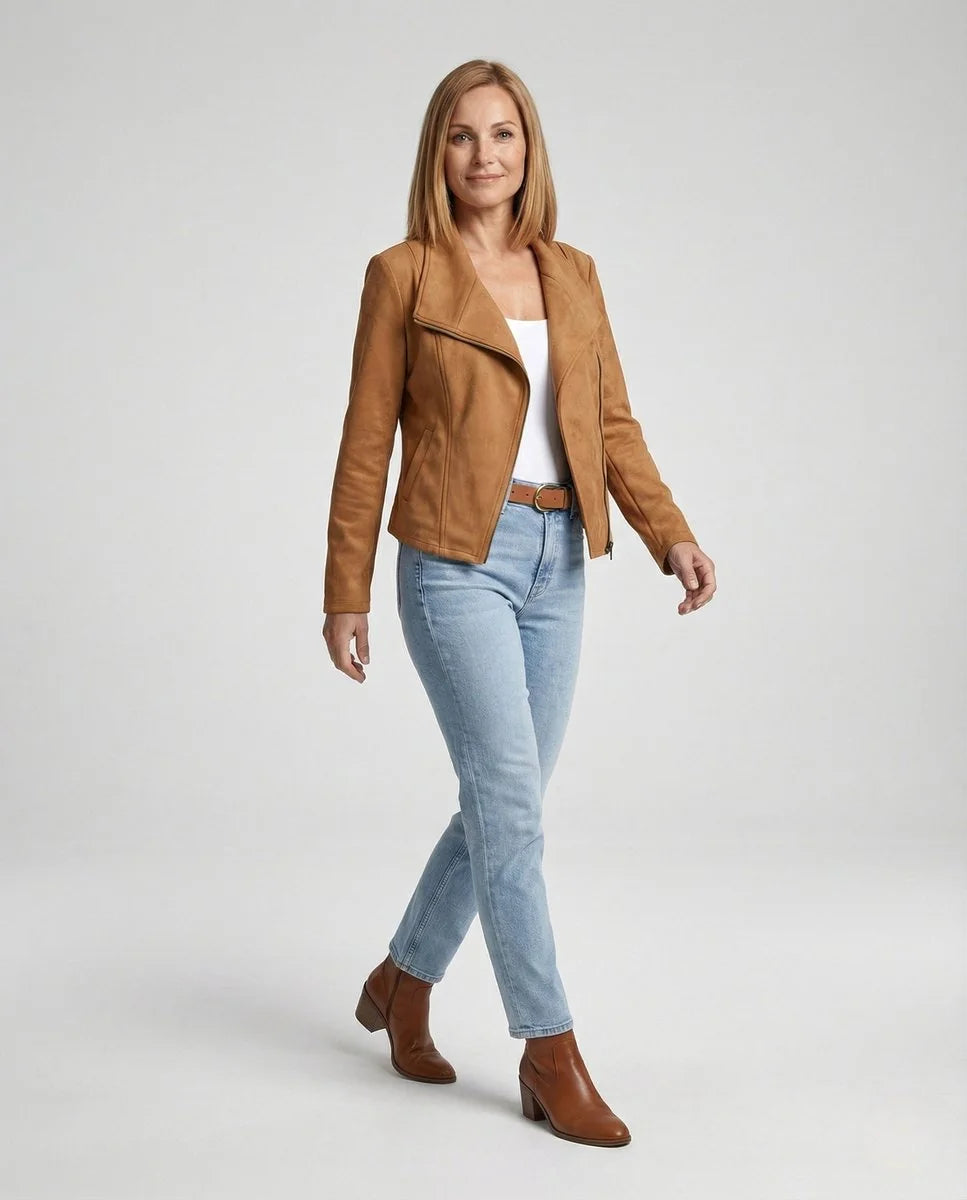 Camel Women's Biker Jacket in Tailored Suede with Asymmetric Zip — Amara - Model Walking
