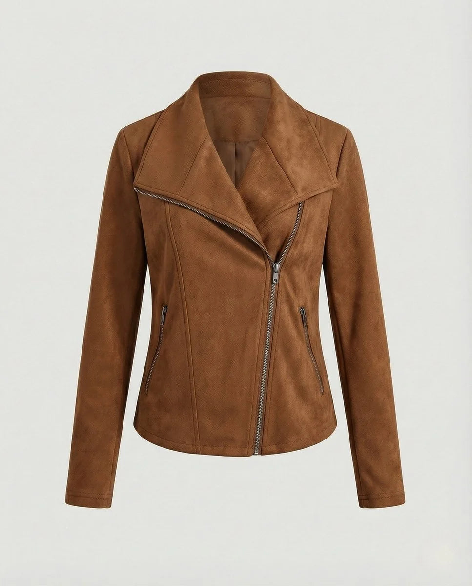 Camel Women's Biker Jacket in Tailored Suede with Asymmetric Zip