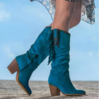 Blue Women's Suede Fringe Cowboy Boots with Block Heel & Knee-High Design — Aurora - Side View Stepping