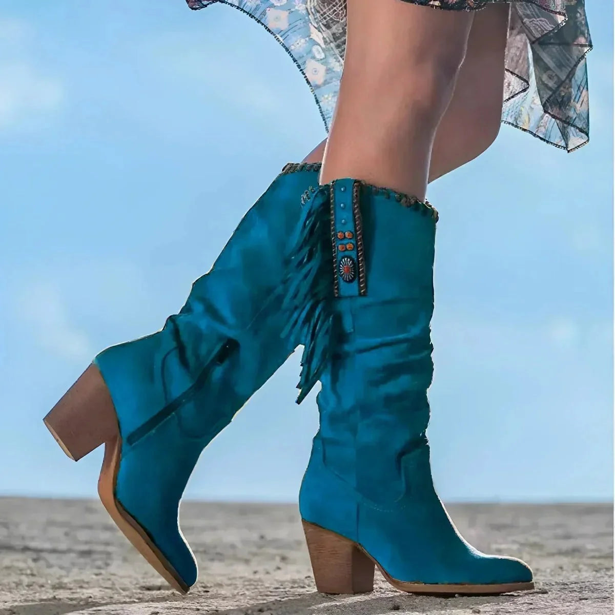 Blue Women's Suede Fringe Cowboy Boots with Block Heel & Knee-High Design — Aurora - Side View Stepping