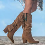 Brown Women's Suede Fringe Cowboy Boots with Block Heel & Knee-High Design — Aurora - Side Profile Walking