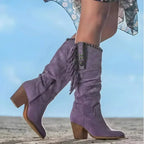 Purple Women's Suede Fringe Cowboy Boots with Block Heel & Knee-High Design - Side Profile Detail
